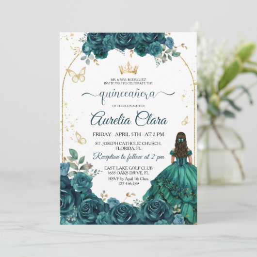Elegant Chic Emerald Groen Rozen Goud Quinceanera Kaart (Staand voorkant)