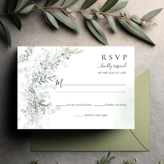 Elegant Chic Eucalyptus Botanical Sage Wedding RSVP Kaartje