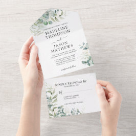 Elegant Chic Eucalyptus Wash Gold Greenery Wedding All In One Uitnodiging