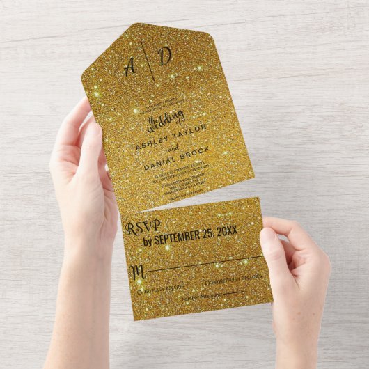 Elegant chic fancy gouden goudglitter all in one uitnodiging (Afscheurbaar)