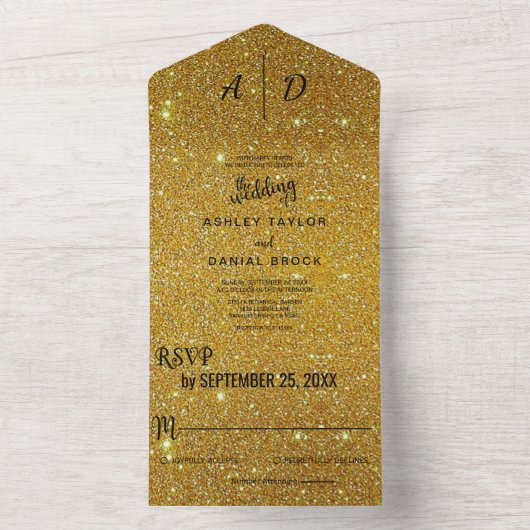 Elegant chic fancy gouden goudglitter all in one uitnodiging (Binnen)