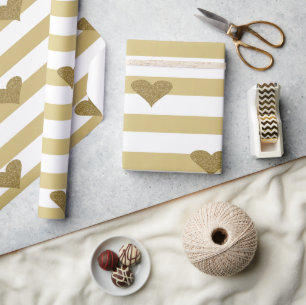 Elegant Chic Faux Gold Glittery Hearts op stripes Cadeaupapier