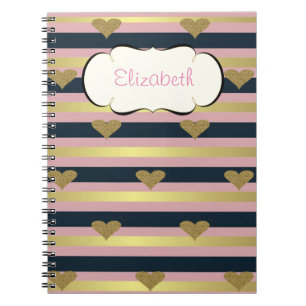 Elegant Chic Faux Gold Glittery Hearts op stripes Notitieboek
