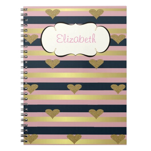 Elegant Chic Faux Gold Glittery Hearts op stripes Notitieboek (Voorkant)