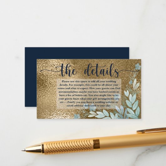 Elegant Chic Faux Gold Leaf en Navy Blue - Gegeven Informatiekaartje (Voorkant / Achterkant in situ)