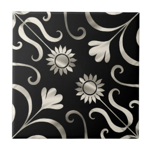 Elegant Chic Floral Damask Black Silver Sunflower Tegeltje