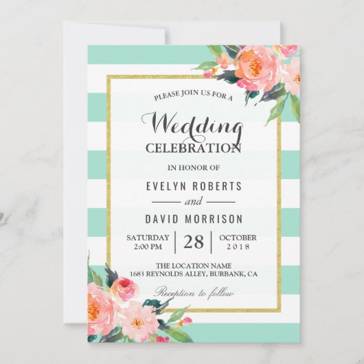 Elegant Chic Floral Mint Green Wedding Celebration Kaart (Voorkant)