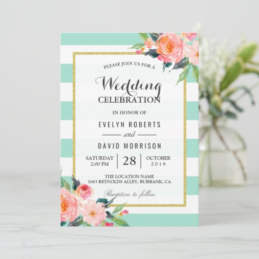 Elegant Chic Floral Mint Green Wedding Celebration Kaart (Staand voorkant)