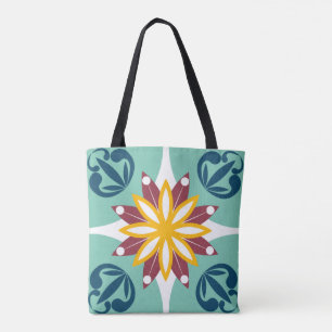Elegant & Chic Floral Moroccan Mosaic Tile Blue Tote Bag