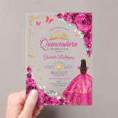 Elegant Chic Fuchsia Pink Roses Gold Quinceanera  Acryl Uitnodigingen (Insitu (Draagbaar))