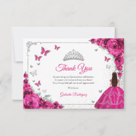 Elegant Chic Fuchsia Pink Roses Silver Quinceanera Bedankkaart