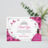 Elegant Chic Fuchsia Pink Roses Silver Quinceanera Bedankkaart (Staand voorkant)