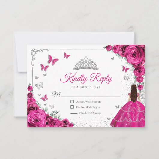Elegant Chic Fuchsia Pink Silver Quinceanera Reply RSVP Kaartje (Voorkant)