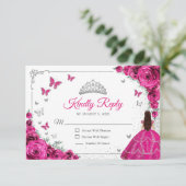 Elegant Chic Fuchsia Pink Silver Quinceanera Reply RSVP Kaartje (Staand voorkant)