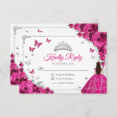 Elegant Chic Fuchsia Pink Silver Quinceanera Reply RSVP Kaartje (Voorkant / Achterkant)