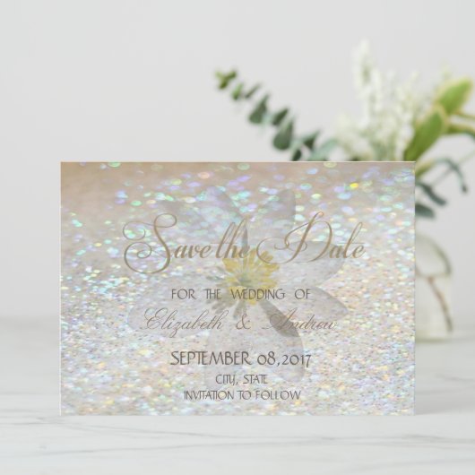 Elegant Chic, Glitter, Daisy Wedding Save the date (Staand voorkant)