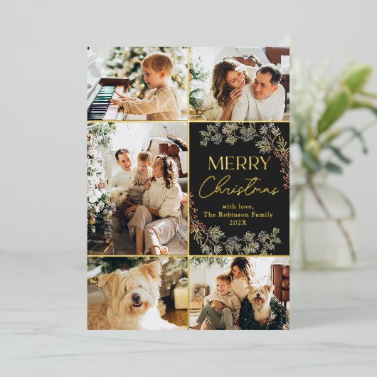 Elegant Chic Gold 5 foto Merry Christmas Kaart (Staand Voorkant)