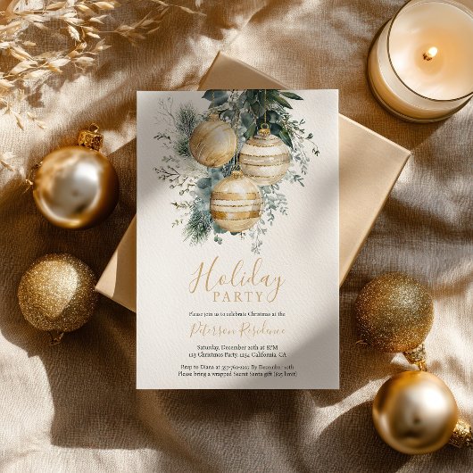 Elegant Chic Gold Baubles Greenery Christmas Party Kaart