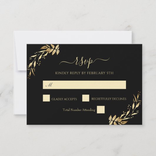 Elegant Chic Gold Black Eucalyptus Foliage Weddens RSVP Kaartje (Voorkant)