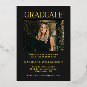 Elegant Chic Gold Black Two Photo Graduation Party Folie Uitnodiging