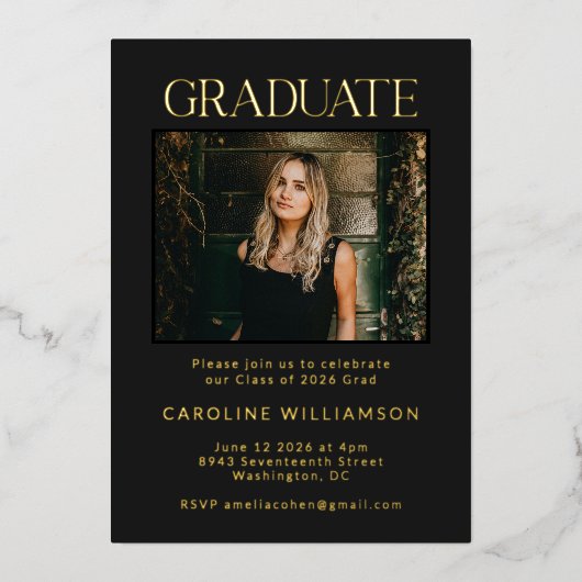 Elegant Chic Gold Black Two Photo Graduation Party Folie Uitnodiging (Voorkant)