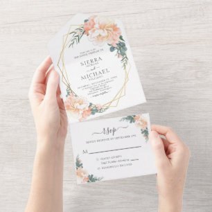 Elegant Chic Gold Blush Peach Cream Floral Wedding All In One Uitnodiging