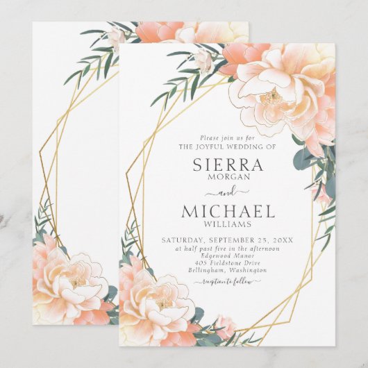 Elegant Chic Gold Blush Peach Cream Floral Wedding Kaart (Voorkant / Achterkant)
