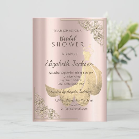 Elegant Chic Gold Dress Roos Gold Vrijgezellenfees Kaart (Staand voorkant)