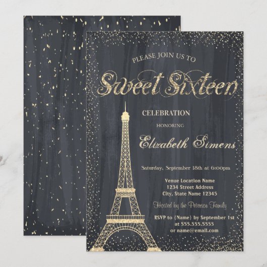 Elegant Chic Gold Eiffel Tower Confetti Sweet 16 Kaart (Voorkant / Achterkant)