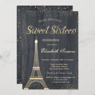 Elegant Chic Gold Eiffel Tower Confetti Sweet 16 Kaart