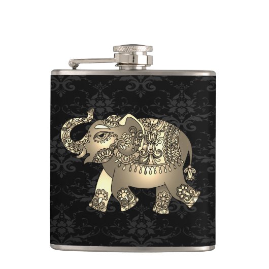 Elegant Chic Gold Elephant Floral, Black Damask Heupfles (Voorkant)