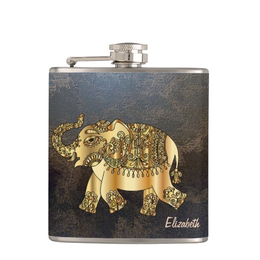 Elegant Chic Gold Elephant Floral, leder kijk Heupfles (Voorkant)
