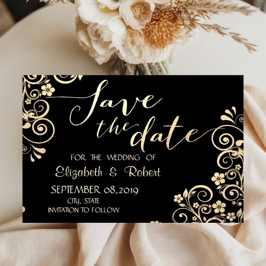 Elegant Chic Gold Flowers slaat de datum op Save The Date