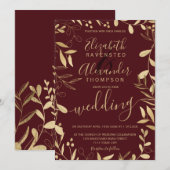 Elegant chic gold foil burgundy floral bruiloft kaart (Voorkant / Achterkant)