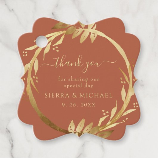 Elegant Chic Gold Foliage Terracotta Rust Wedding Bedankjes Labels (Voorkant)