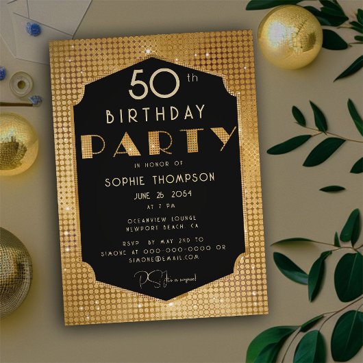 Elegant Chic Gold Glitter Black Birthday Party Kaart
