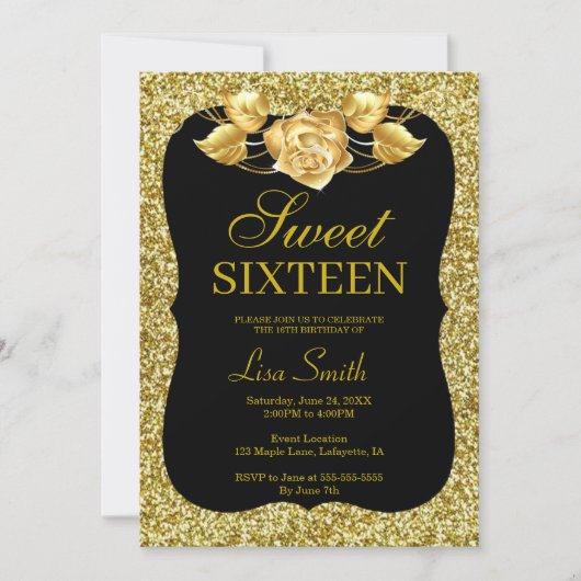 Elegant Chic Gold Glitter Gold Roos Sweet 16 Kaart (Voorkant)