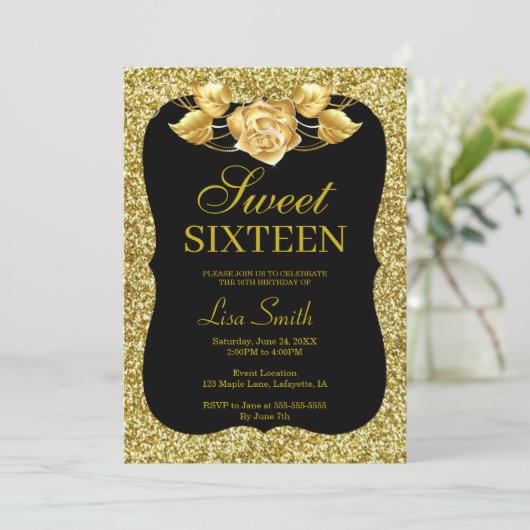 Elegant Chic Gold Glitter Gold Roos Sweet 16 Kaart (Staand voorkant)