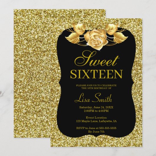 Elegant Chic Gold Glitter Gold Roos Sweet 16 Kaart (Voorkant / Achterkant)