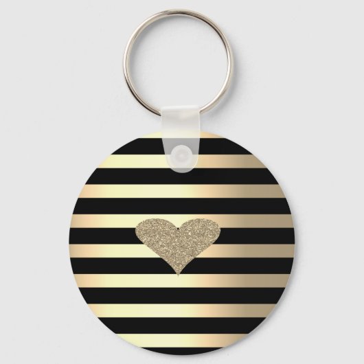 Elegant Chic Gold Glitter Heart on Gold Stripes Sleutelhanger (Voorkant)