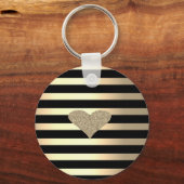 Elegant Chic Gold Glitter Heart on Gold Stripes Sleutelhanger (Voorkant)