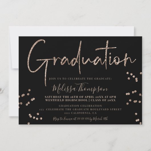 Elegant chic gold glitter script zwart afstuderen kaart (Voorkant)