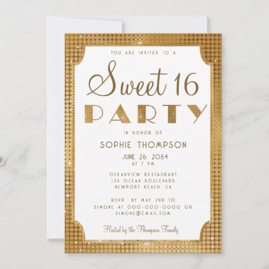 Elegant Chic Gold Glitter Sequins Sweet 16 Party Kaart (Voorkant)