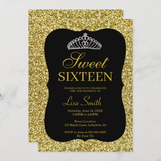 Elegant Chic Gold Glitter Tiara Sweet 16 Kaart (Voorkant / Achterkant)
