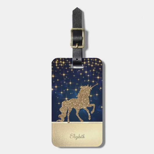 Elegant Chic Gold Glitter Unicorn Stars Navy Blue Bagagelabel (Voorkant verticaal)