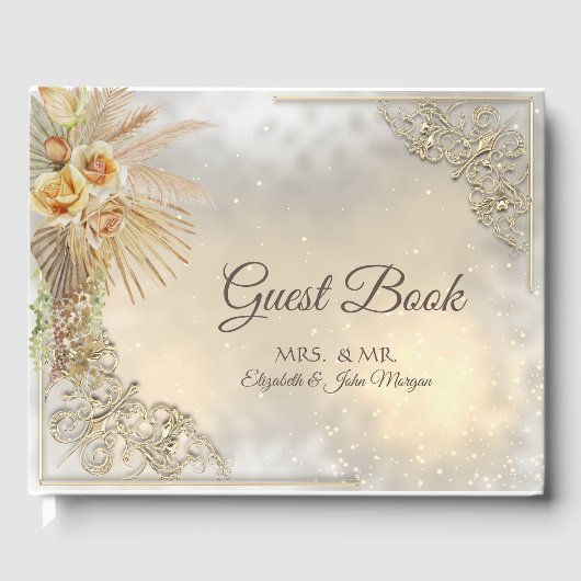 Elegant Chic Gold Hearts Boho Flowers Wedding Gastenboek (Voorkant)