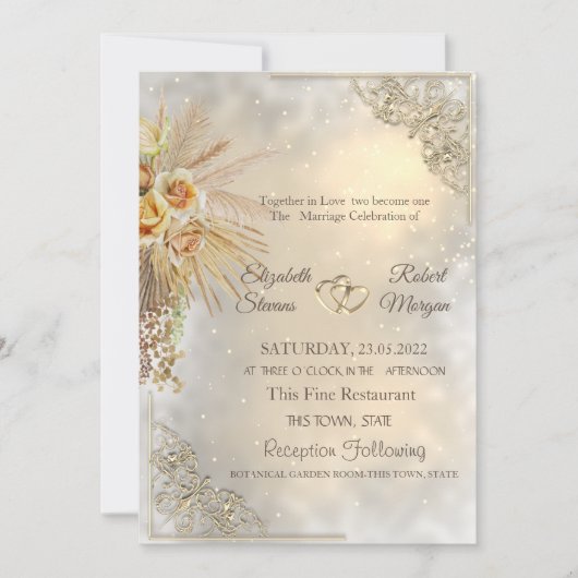 Elegant Chic Gold Hearts Boho Flowers Wedding Kaart (Voorkant)