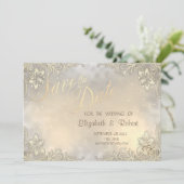 Elegant Chic Gold Hearts, Lace Lijst Save the Date (Staand voorkant)