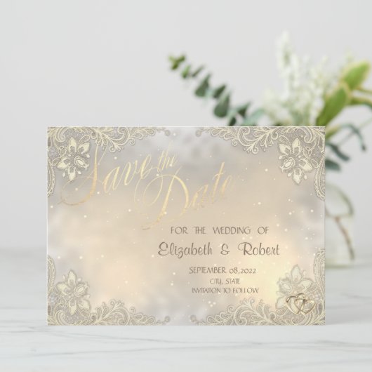 Elegant Chic Gold Hearts, Lace Lijst Save the Date (Staand voorkant)