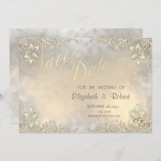 Elegant Chic Gold Hearts, Lace Lijst Save the Date (Voorkant / Achterkant)